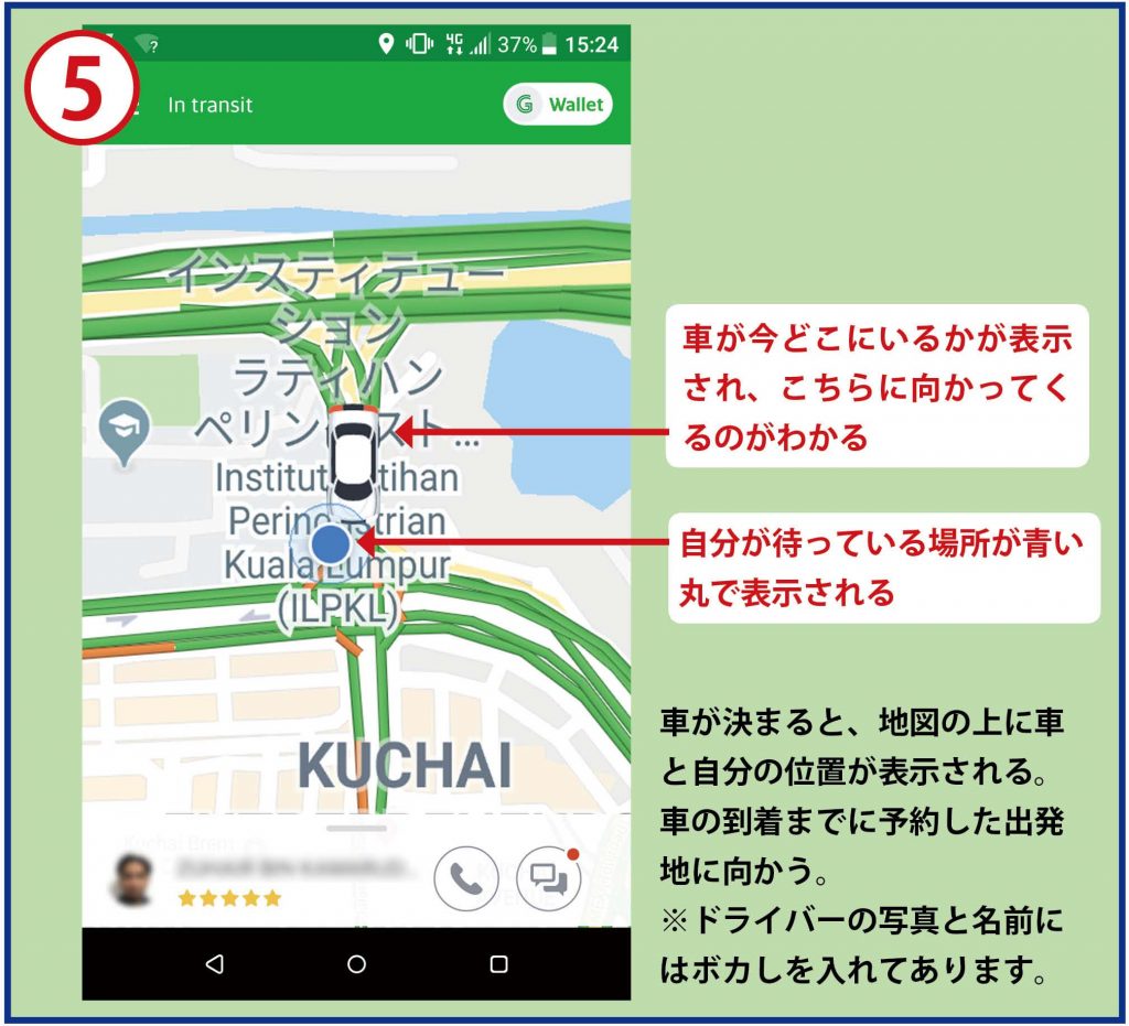 車が今どこにいるかが表示され、こちらにむかってくるのがわかる　自分が待っている場所が青い丸で表示される　車が決まると、地図の上に車と自分の位置が表示される。車の到着までに予約した出発地に向かう。